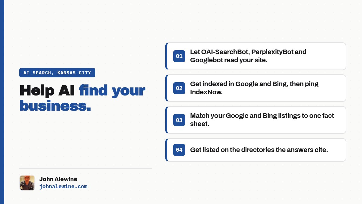 Help AI find your business: let OAI-SearchBot, PerplexityBot and Googlebot read your site, get indexed in Google and Bing and ping IndexNow, match your Google and Bing listings to one fact sheet, get listed on the directories the answers cite