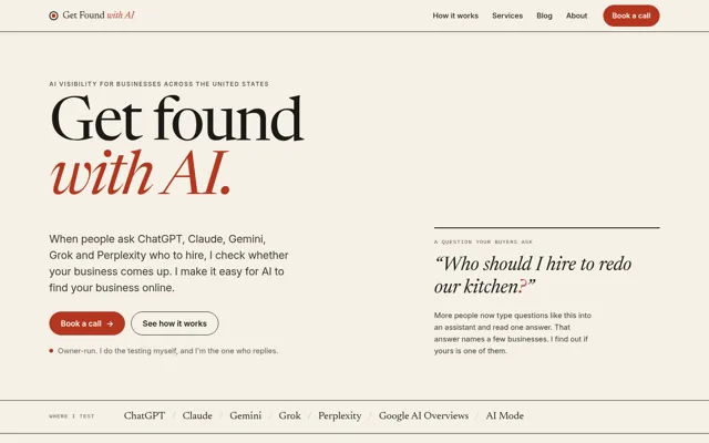 Homepage of Get Found with AI