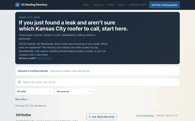 Homepage of KC Roofing Directory